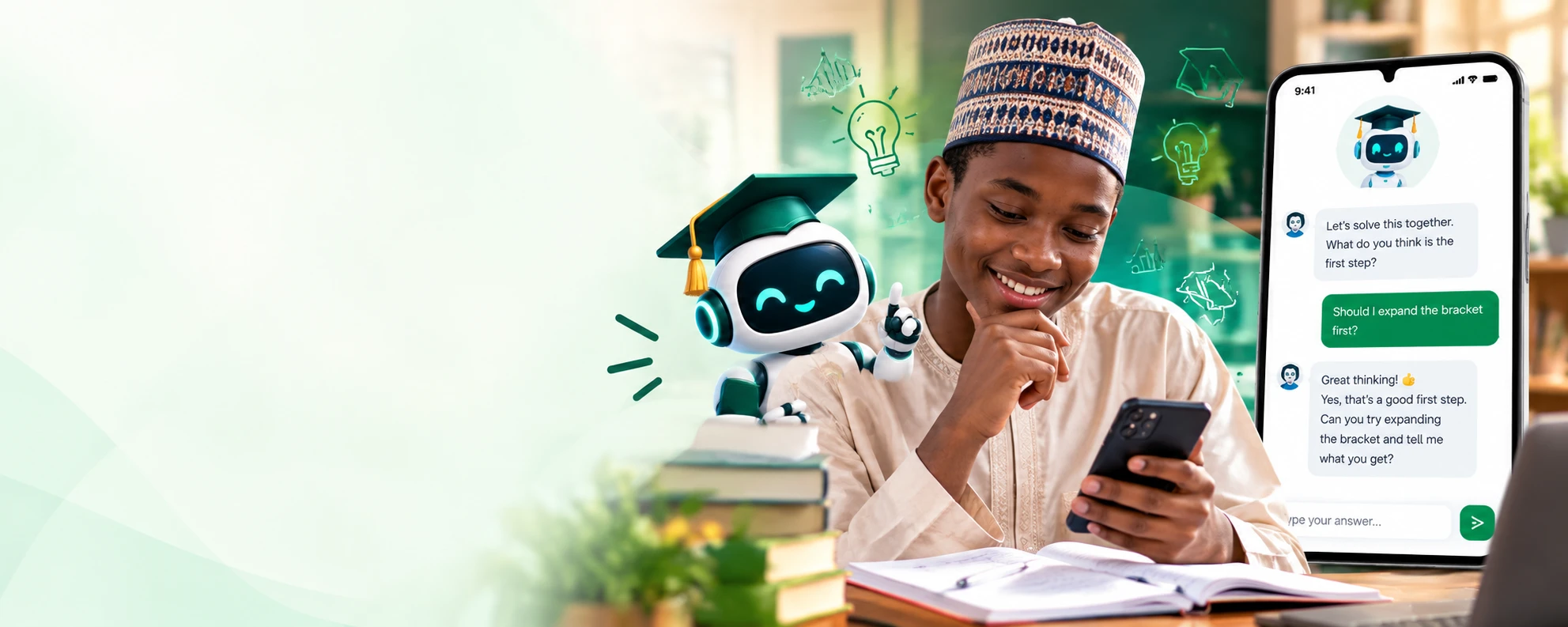 A student working through a maths problem with KaratuGPT on his phone