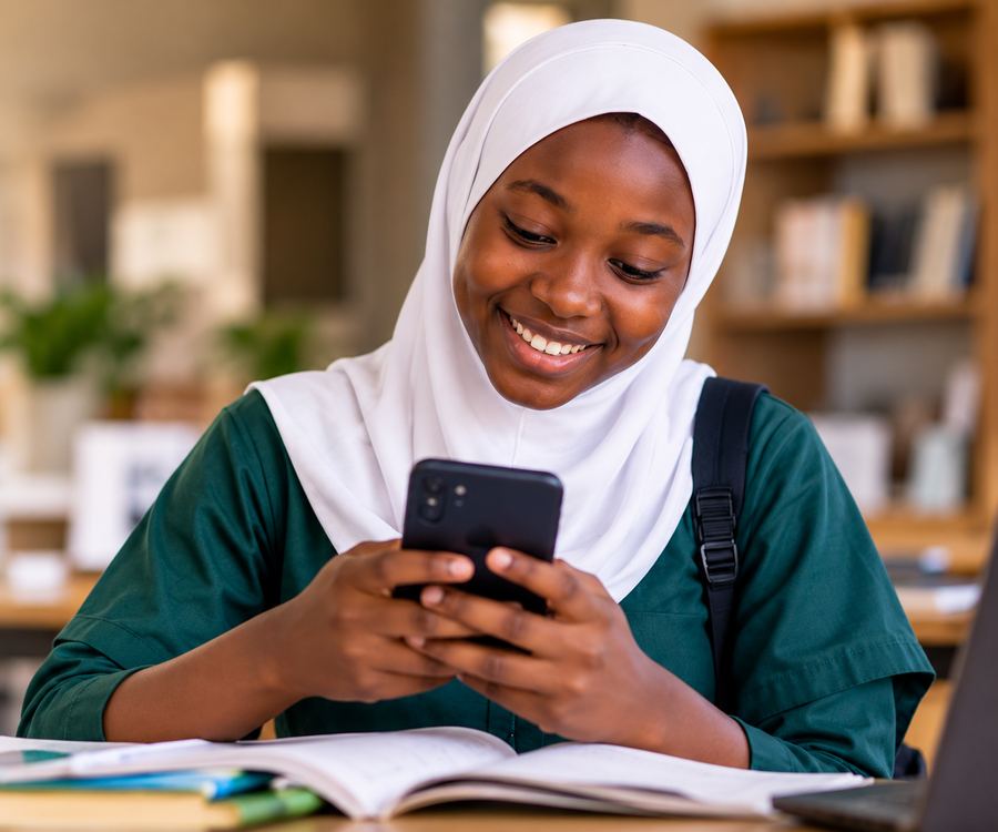 A student practising exam questions on her phone